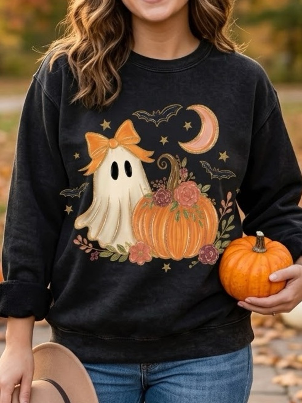 Black Halloween Ghost & Pumpkin Sweatshirt